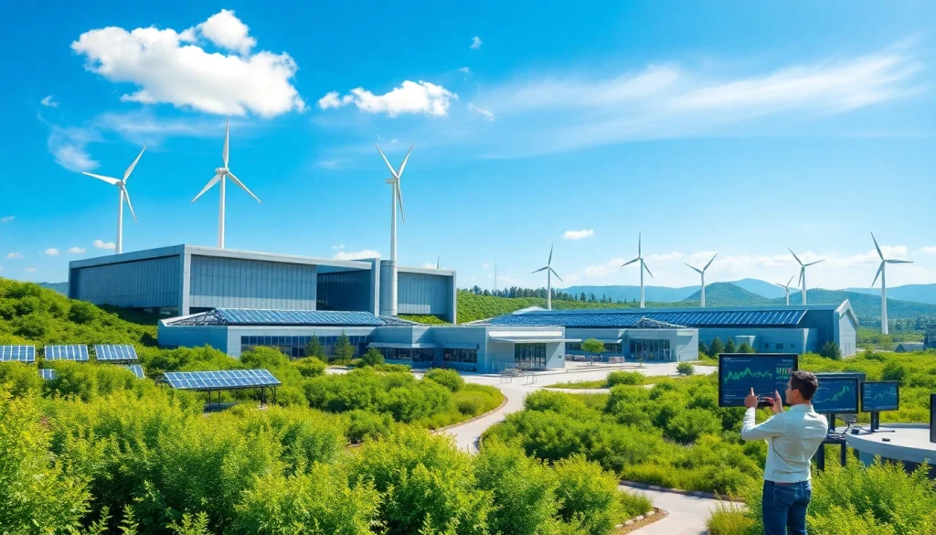 Crypto mining app interface showcased in a modern renewable energy facility.