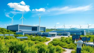 Crypto mining app interface showcased in a modern renewable energy facility.
