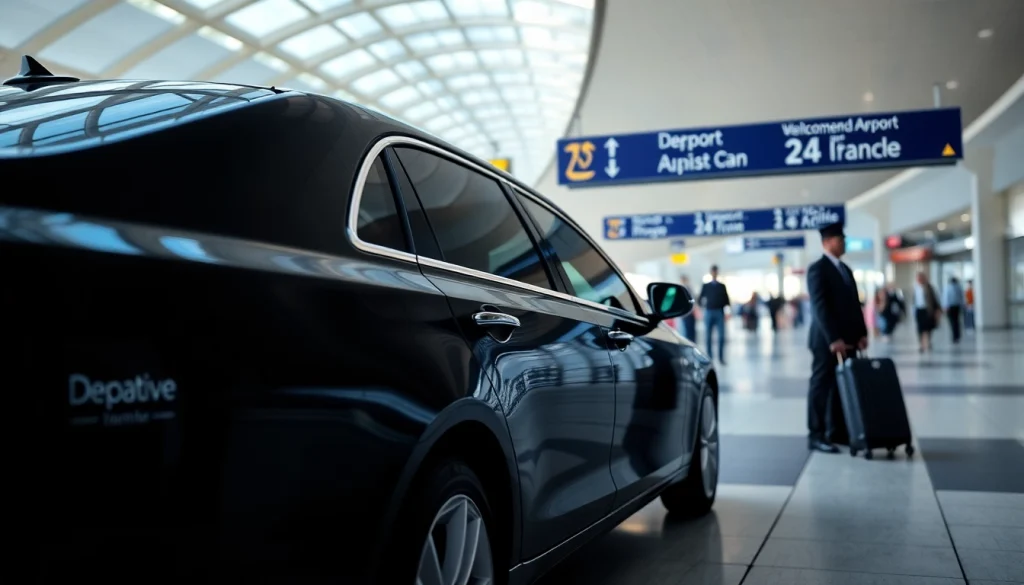 Airport black car service vehicle ready for passengers outside an airport terminal.