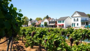View of Clarksburg CA with vineyards and historic buildings under bright skies.