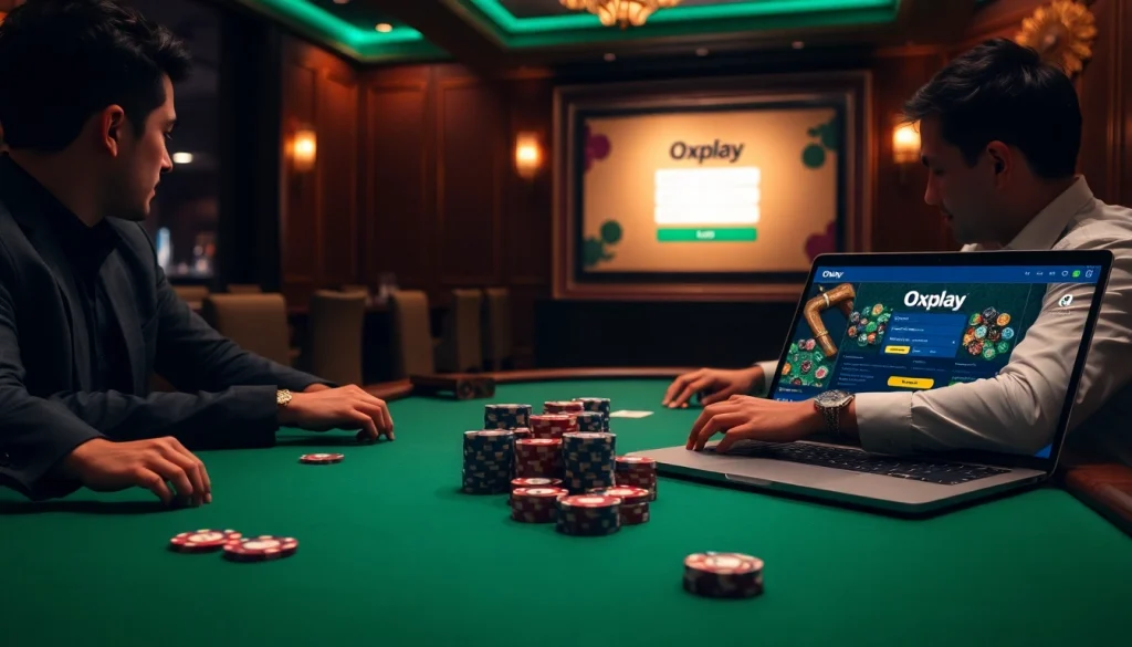 Engage in the thrill of casino games with the Oxplay login interface showcased in a vibrant casino scene.