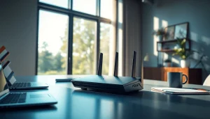 Mã AX88 - Thiết lập văn phòng tại nhà chuyên nghiệp với router ASUS RT-AX88U và các yếu tố không gian làm việc hiện đại.