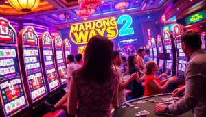 Experience the thrill of Mahjong Ways 2 as players engage with captivating slot machines in a vibrant casino setting.