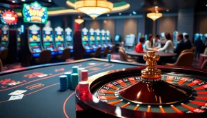 Engaging scene showing players using vn168 đăng nhập at casino tables with vibrant chips and cards.