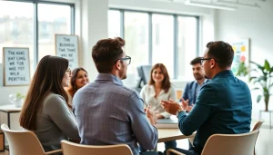 Engaging business coaching service session with a diverse group collaborating in a bright office.