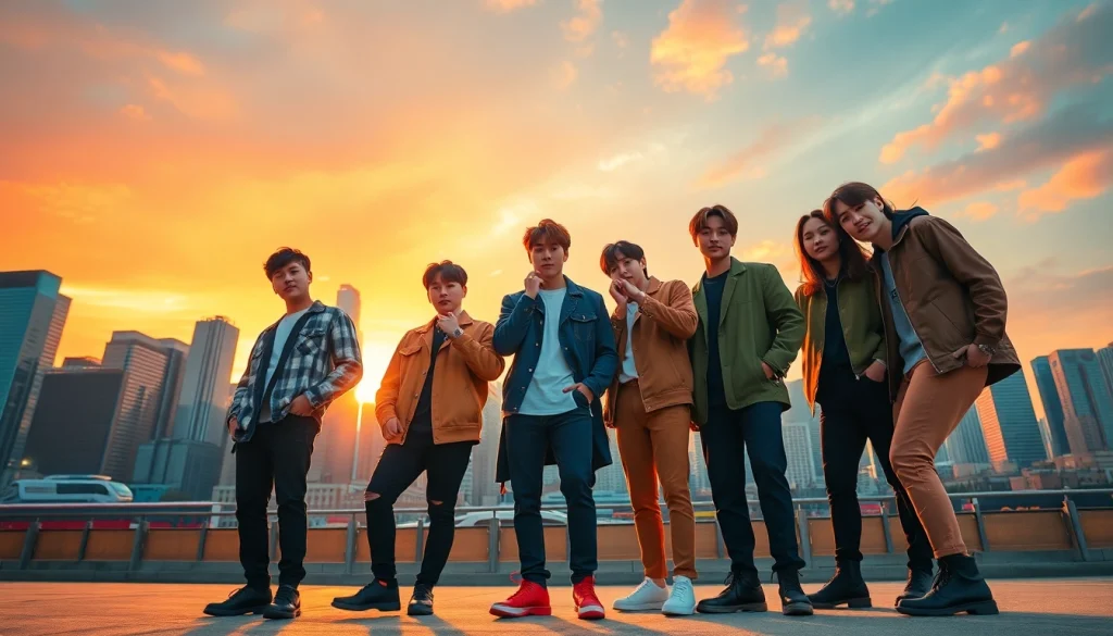 Capture the essence of bts members showcasing their unique personalities against a vibrant urban skyline.