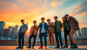Capture the essence of bts members showcasing their unique personalities against a vibrant urban skyline.