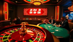 Experience excitement with רמי אונליין as players engage at a luxurious casino table.