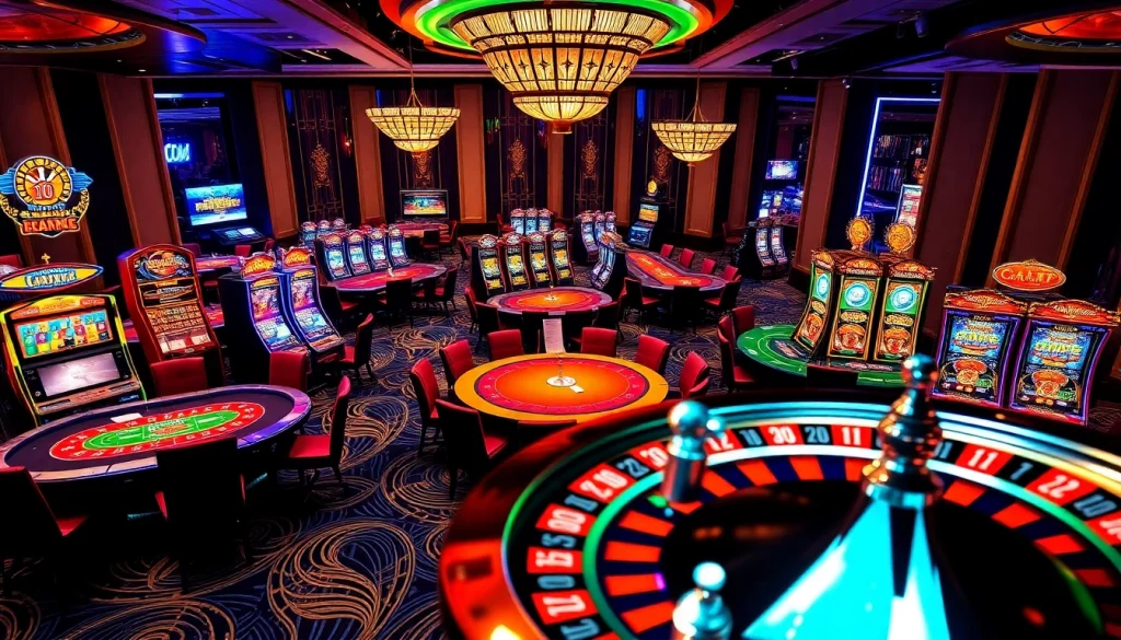 Engage in thrilling gameplay at OK88, featuring lively casino tables, slot machines, and vibrant gambling elements.