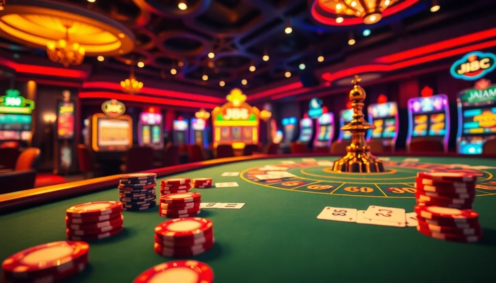 Engaging casino scene with J88 poker table and vibrant gaming atmosphere.