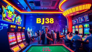 Exciting scene showcasing BJ38's vibrant online gaming platform with diverse players and colorful digital games.