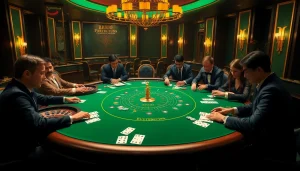 RR88 players enjoying an exciting poker game at a luxury casino table with elegant decorations.