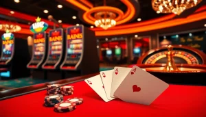 Experience Tool xo so sieu toc with thrilling online gambling visuals featuring casino tables and vibrant slot machines.