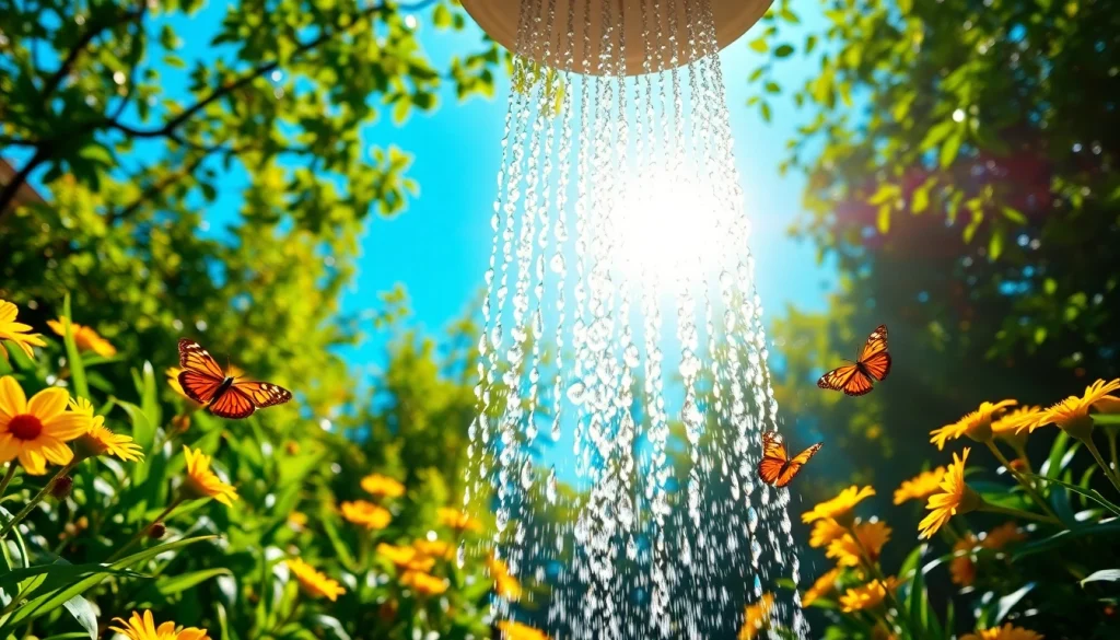 Experience a refreshing sunny shower surrounded by vibrant nature and a radiant rainbow.