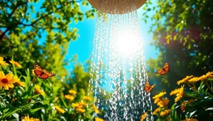 Experience a refreshing sunny shower surrounded by vibrant nature and a radiant rainbow.