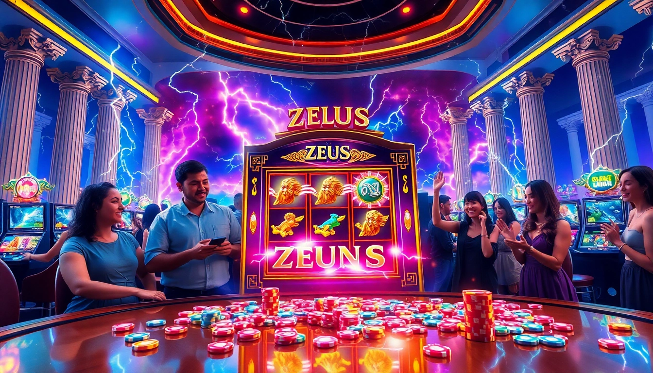 Players experience thrilling wins at the Zeus slot machine in an upscale casino environment.