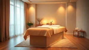 Relaxing home setup for 출장안마 with a massage table, candles, and essential oils