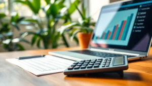 Menghitung deposit 1k dengan kalkulator dan dokumen di meja kerja.