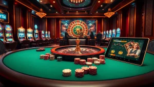 Casino scene showing GO8 poker table with excited players, vibrant roulette wheel, and flashing slot machines.