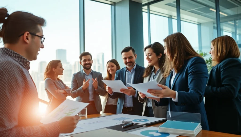 Showcasing business growth insights with strategists actively collaborating in a bright office environment.