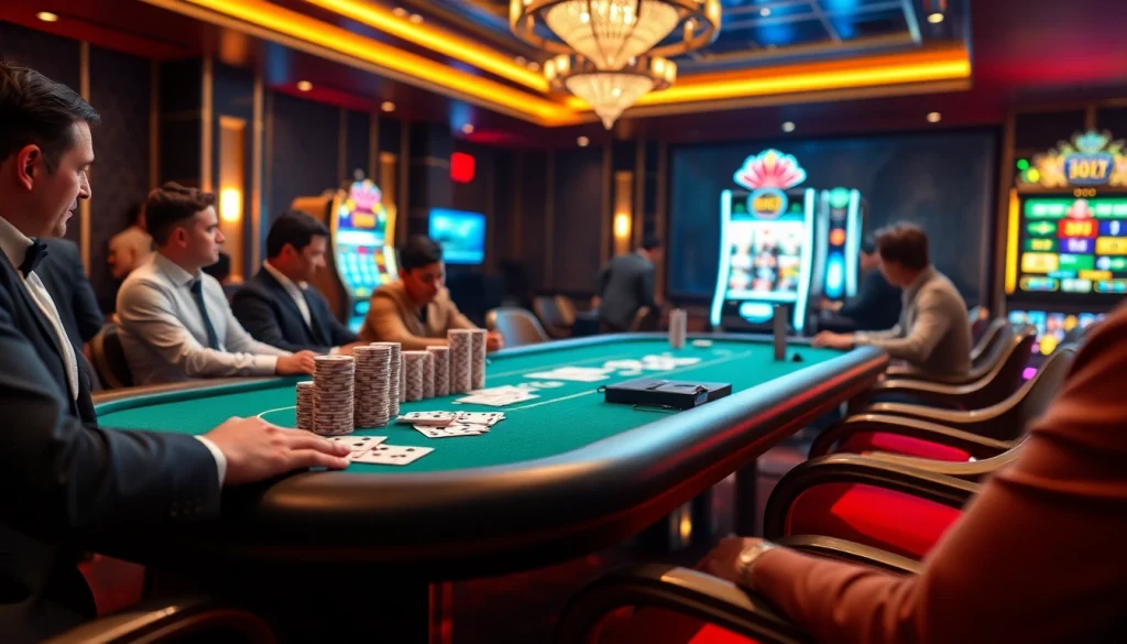 Players engaging in a thrilling poker game at a high-end casino inspired by https://xoixoai.com/.