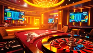 Engaging casino scene with rich visuals showcasing online gambling at https://ok88.tech/ featuring poker chips and roulette wheels.