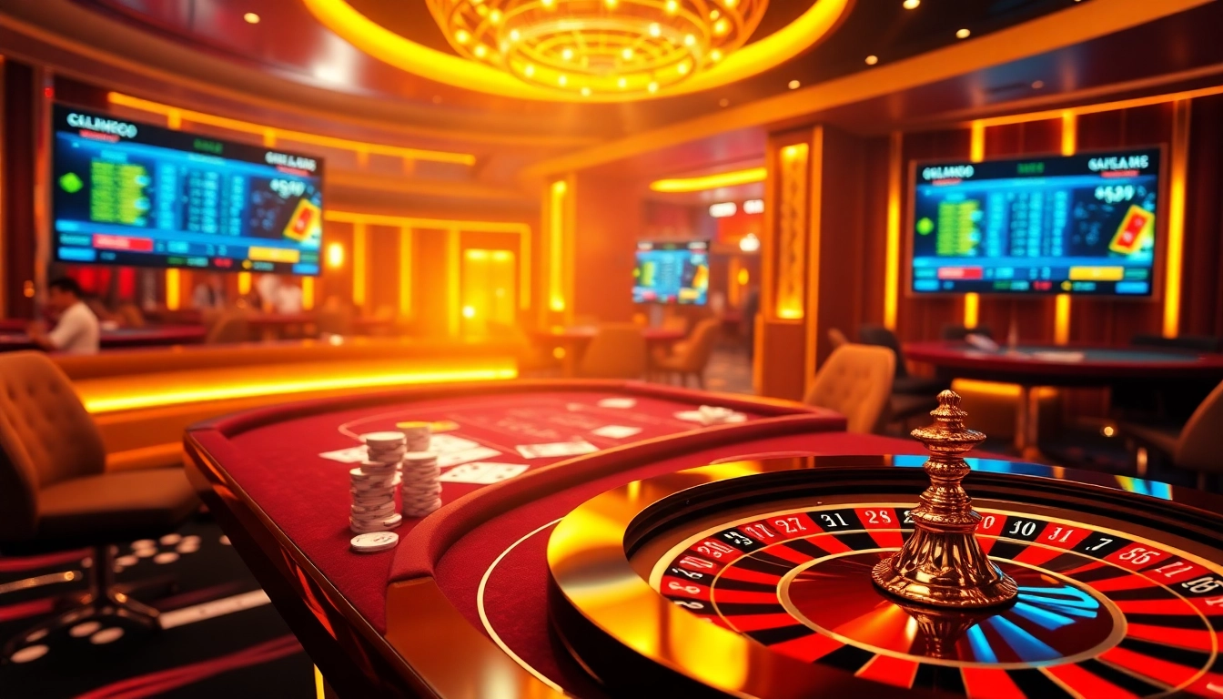Engaging casino scene with rich visuals showcasing online gambling at https://ok88.tech/ featuring poker chips and roulette wheels.