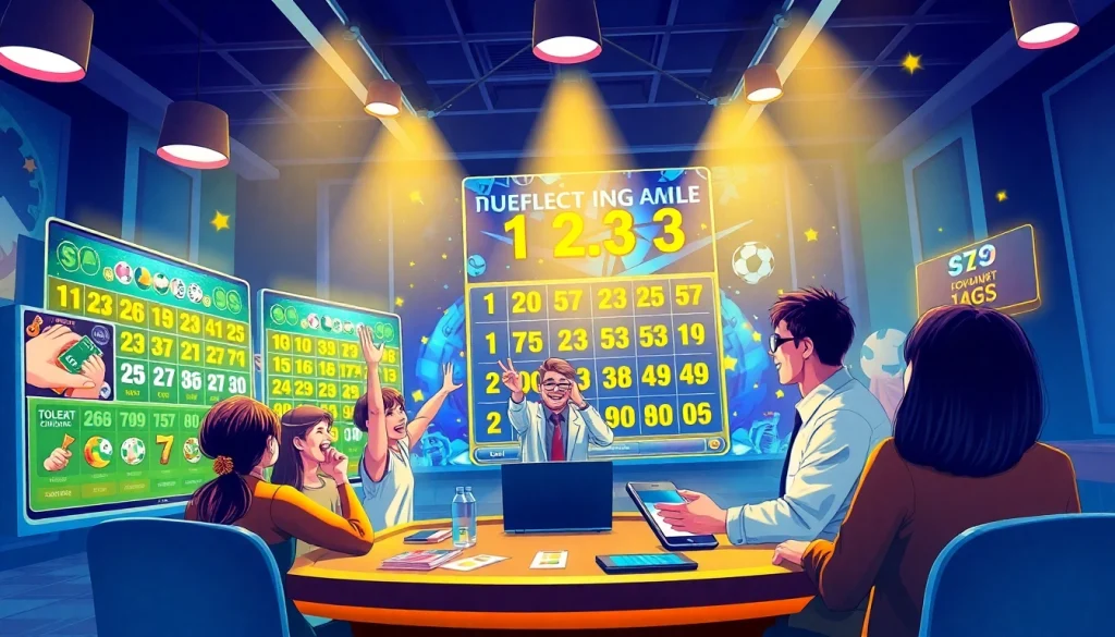 Adegan permainan Sumotogel online dengan warna-warni yang cerah dan pemain yang merayakan kemenangan.