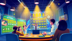 Adegan permainan Sumotogel online dengan warna-warni yang cerah dan pemain yang merayakan kemenangan.