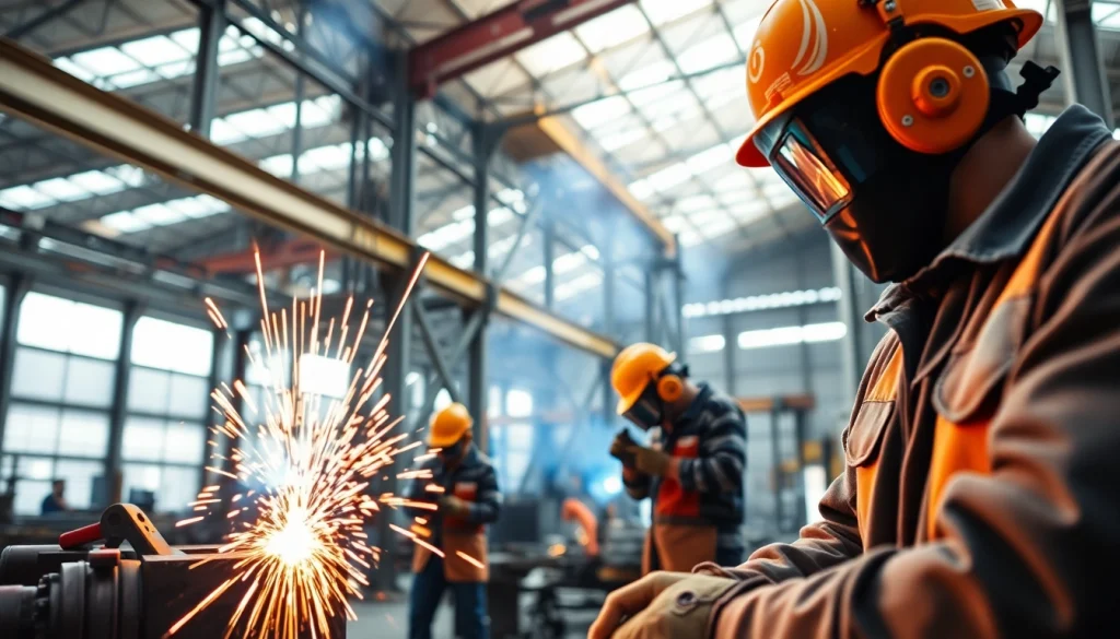 Welders performing structural steel welding in a dynamic industrial setting.