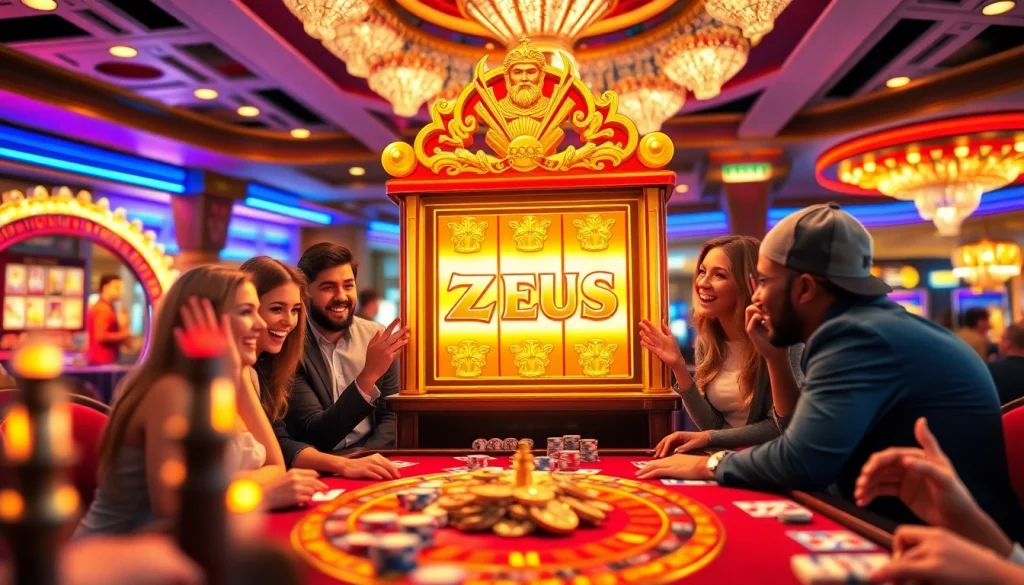 Slot Zeus yang tak terlupakan dimainkan di kasino mewah dengan pemain yang terlibat dan mesin-mesin yang penuh warna.