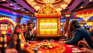 Slot Zeus yang tak terlupakan dimainkan di kasino mewah dengan pemain yang terlibat dan mesin-mesin yang penuh warna.