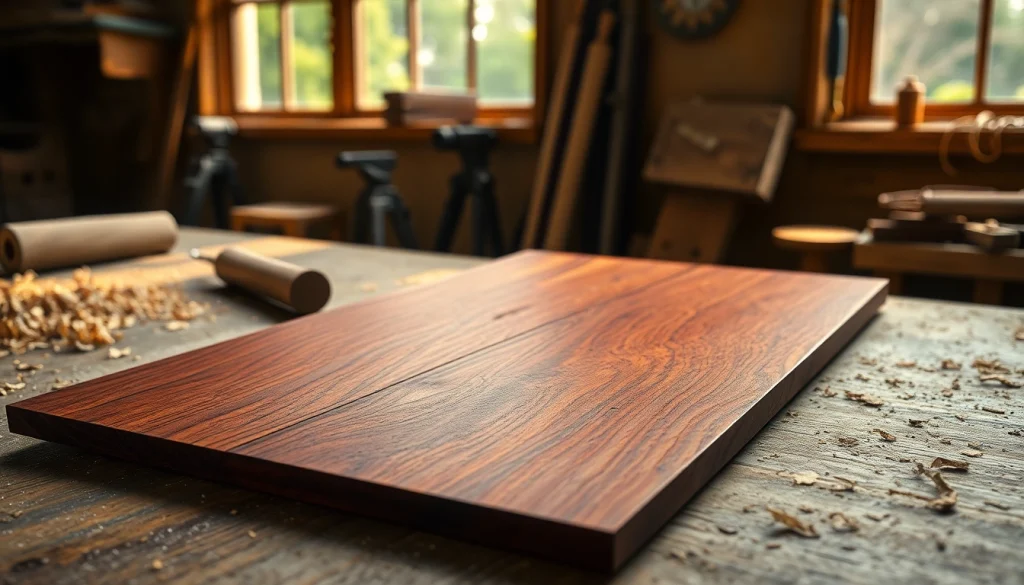 Showcase exquisite wood veneer with intricate grain detail on a workbench.