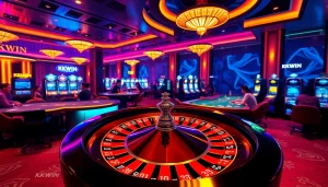 Experience the thrill of kkwin casino with vibrant roulette and engaging players at poker tables.