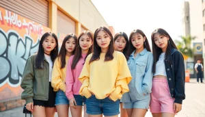 blackpink members posing together in a vibrant urban setting showcasing their unique styles.