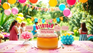 Decorative elements of a customizable birthday party with personalized features and vibrant colors.