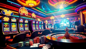 Pemain yang antusias menikmati permainan situs slot di kasino yang hidup dengan mesin slot berwarna-warni dan roda roulette.