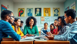 Education-focused classroom scene with diverse students collaborating and learning together.