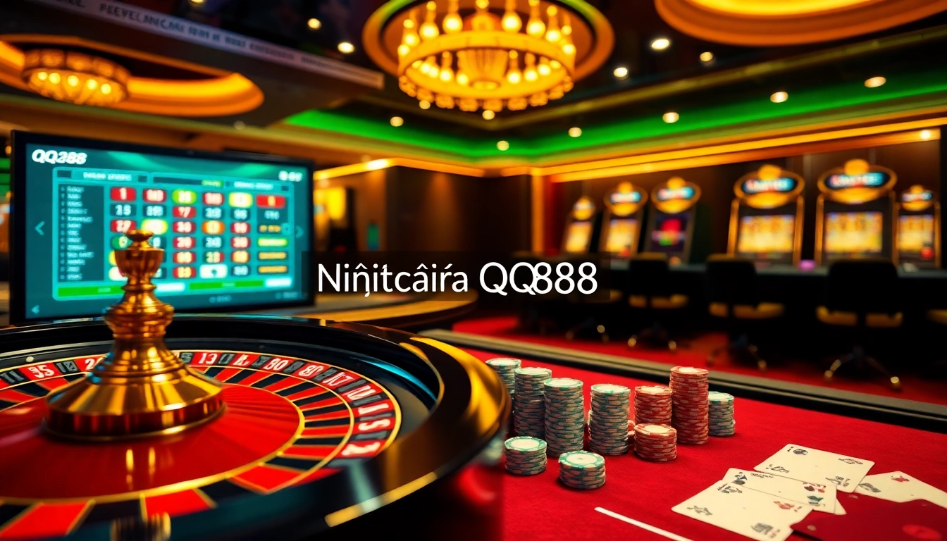 Experience thrilling online gambling with Nhà cái QQ88, showcased in a vibrant casino atmosphere featuring roulette and poker games.