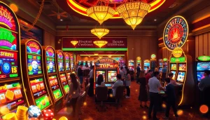 Players experience excitement at a luxury casino featuring slot pulsa games with vibrant machines and colorful chips.