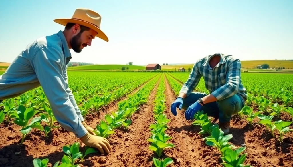 The farmer assessing soil health in a vibrant agriculture law context, showcasing engaged crop management.
