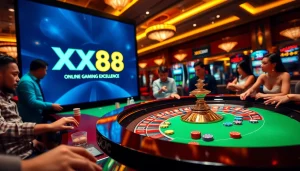Engaging gamblers at the vibrant XX88 KJC casino table, surrounded by roulette and high-stakes fun.