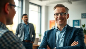 Engaging session with a business coach near me, showcasing professional discussion in a bright office.