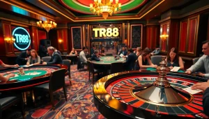 Players enjoying thrilling games at a vibrant casino with TR88 signage, showcasing excitement and luxury.