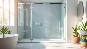 Stylish shower doors uk in a modern bathroom with glass and chrome features.
