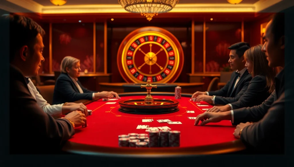 Experience the thrill of onicplay with an elegant casino setting showcasing poker and roulette excitement.