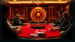 Experience the thrill of onicplay with an elegant casino setting showcasing poker and roulette excitement.