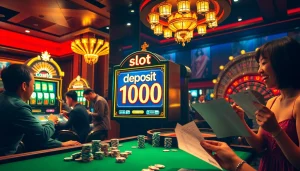 Pemain menikmati mesin slot bertanda slot deposit 1000 di kasino mewah.