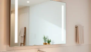 Elegant bathroom mirror with LED features enhances a serene bathroom ambiance.