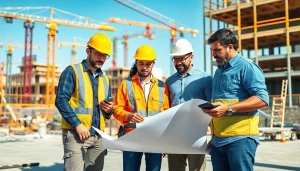 Engaged team of the southern california contractors association reviewing blueprints at a construction site.
